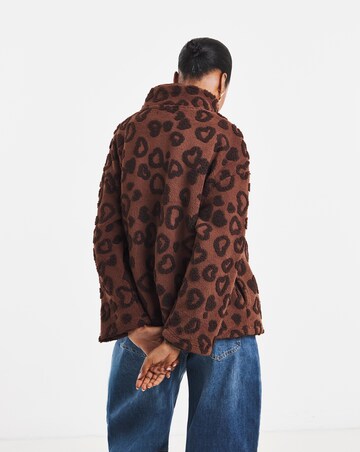 Brown Zip Through Heart Textured Longline Borg