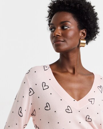 Heart Print Fine Knit V-Neck Jumper