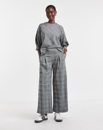 Grey Check Ponte Pull On Pleated Wide Leg Trouser