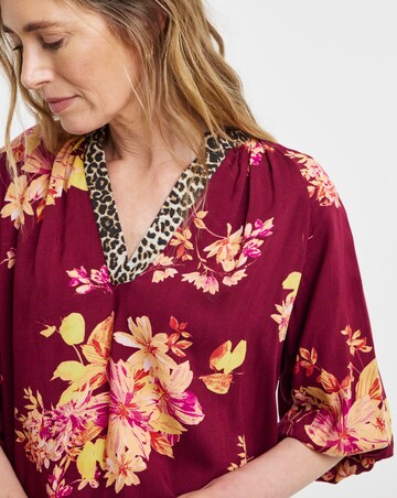 Burgundy Floral Contrast Print Collarless Puff Sleeve Top