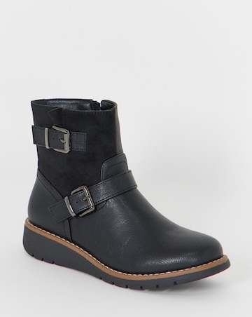 Cushion Walk Contrast Fabric Double Buckle Wedge Boots - Wide Fit (E)