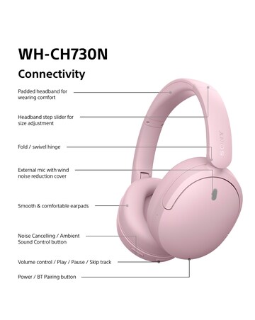 Sony WH-CH730N Wireless Noise Cancelling Over-Ear Headphones - Pink