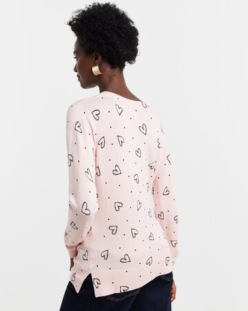 Heart Print Fine Knit V-Neck Jumper
