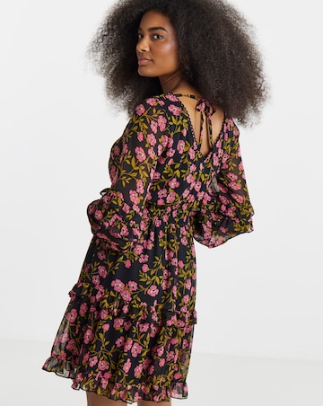Black Floral Shirred Cuff Sleeve Skater Dress
