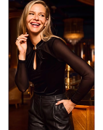 Sosandar High Neck Gold Trim Velvet Sheer Sleeve Top