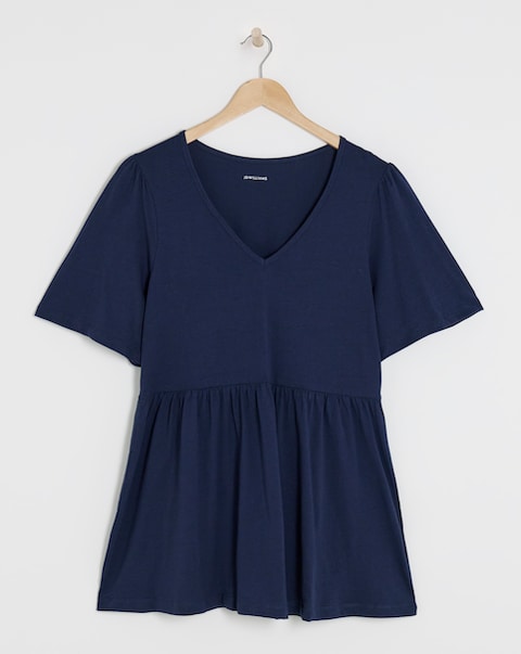 Pure Cotton V Neck SS Peplum Hem Longline Top