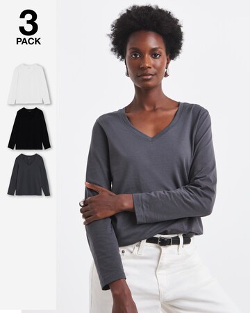 Black, White, Charcoal 3 Pack V-Neck Long Sleeve T-Shirt