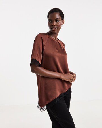 Rust Satin Lace Trim Asymmetric Top