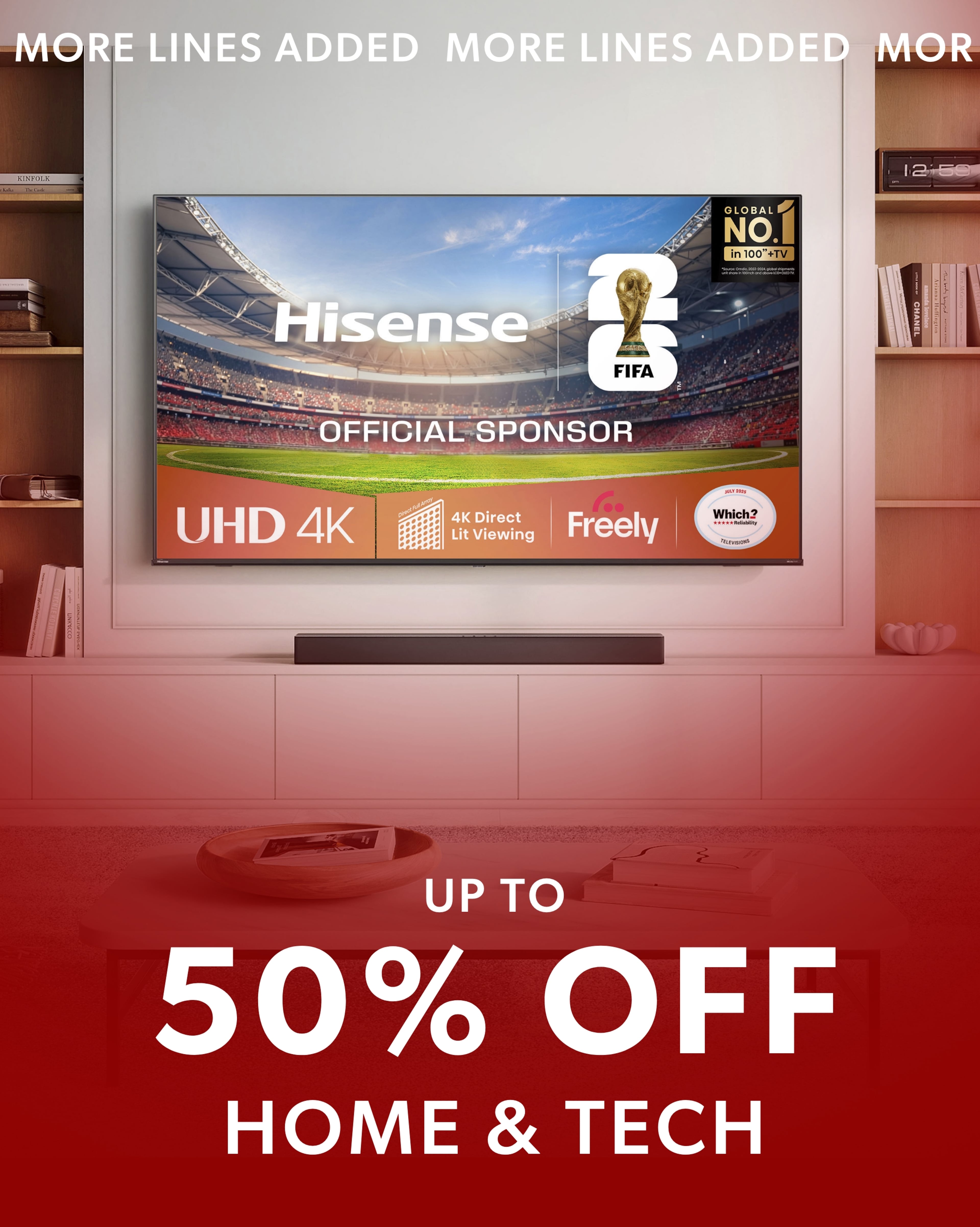 Sale banner featuring a large wall-mounted Hisense TV displayed in a living room.