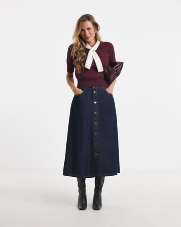 Indigo Elasticated Waist Button Through Midi Skirt