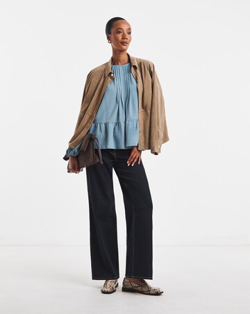 Blue Pintuck Peplum Long Sleeve Blouse