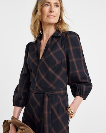 Navy Check Belted Shirt Dress