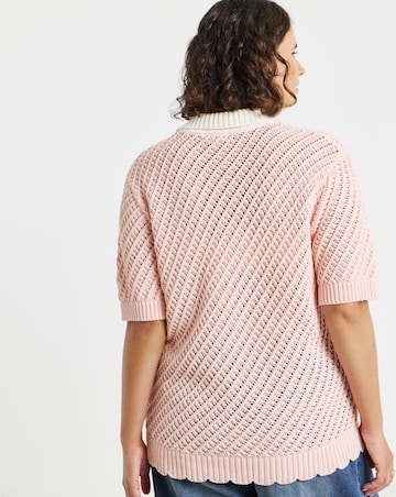 Pink Frill Hem Crochet Polo Top