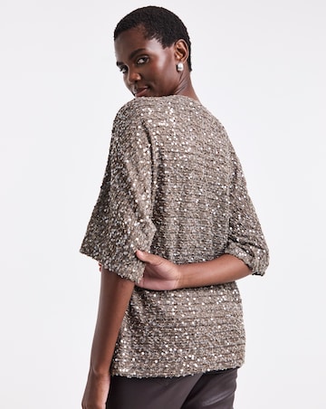 Mocha Sequin V-Neck Angel Sleeve Top