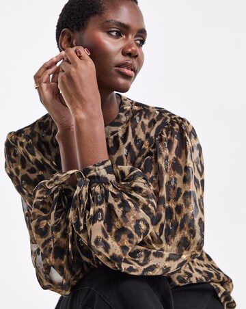 Leopard Foil Print High Neck Exaggerated Sleeve Blouse