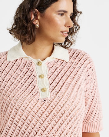 Pink Frill Hem Crochet Polo Top