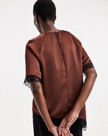 Rust Satin Lace Trim Asymmetric Top