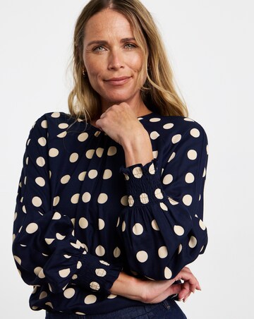 Navy Spot Long Sleeve Shirred Cuff Top