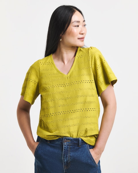 Pure Cotton Green V - Neck Broderie Top
