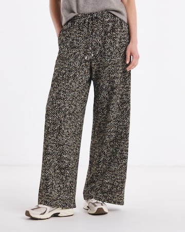 Khaki Print Textured Jersey Tie Waist Wide Leg Trouser