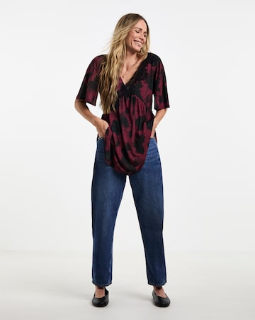Print Lace Trim Angel Sleeve Longline Top