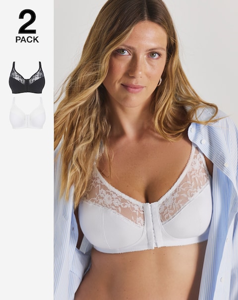 Pretty Secrets (2 Pack) Cotton Lace Front Fastening Non Wired Full Cup Bras
