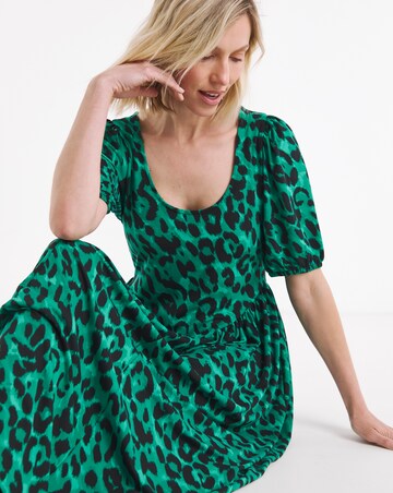 Green Animal Print Jersey Detail Midi Dress