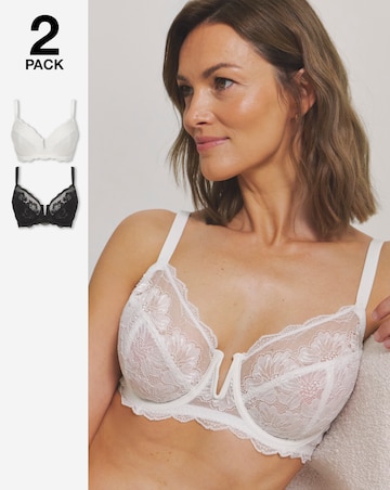 Pretty Secrets (2 Pack) Katie Lace Full Cup Wired Bras (B-G) Black/White