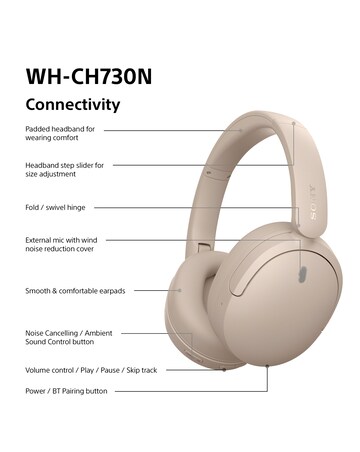 Sony WH-CH730N Wireless Noise Cancelling Over-Ear Headphones - Beige