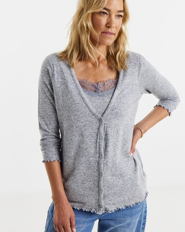 Blue Lace Trim Button Front Long Sleeve Top