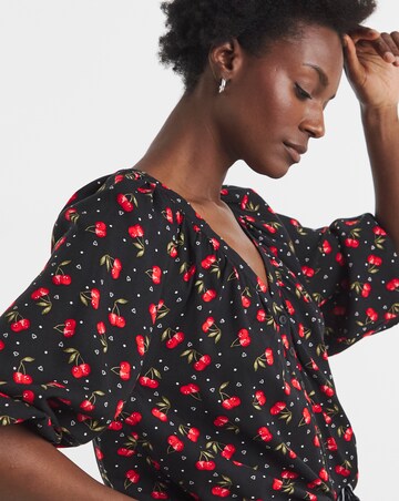 Cherry Print Collarless Button Through Blouse