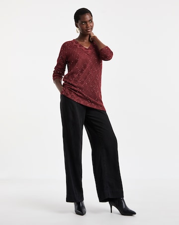 Burgundy Glitter Textured Long Sleeve V-Neck Top