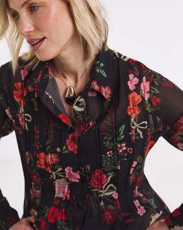 Black Floral Pintuck Peplum Hem Georgette Shirt