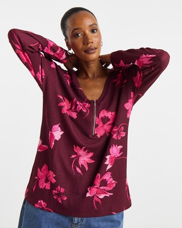 Floral Printed Zip Front Long Sleeve Longline Top