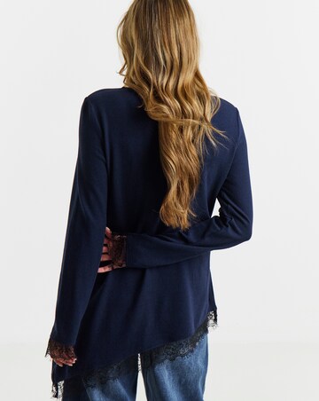Navy Soft Touch Crew Neck Lace Aysmmetric Longline Top