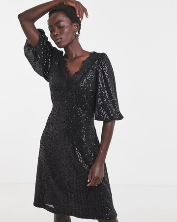 Black Sequin Lace Trim Dress