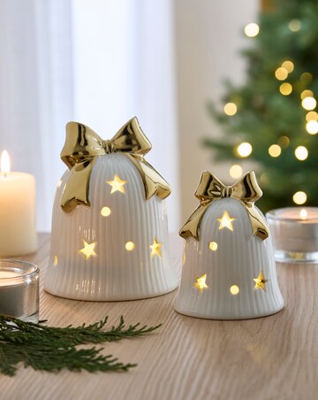 Set of 2 Assorted Size White Bells with Gold Bow
