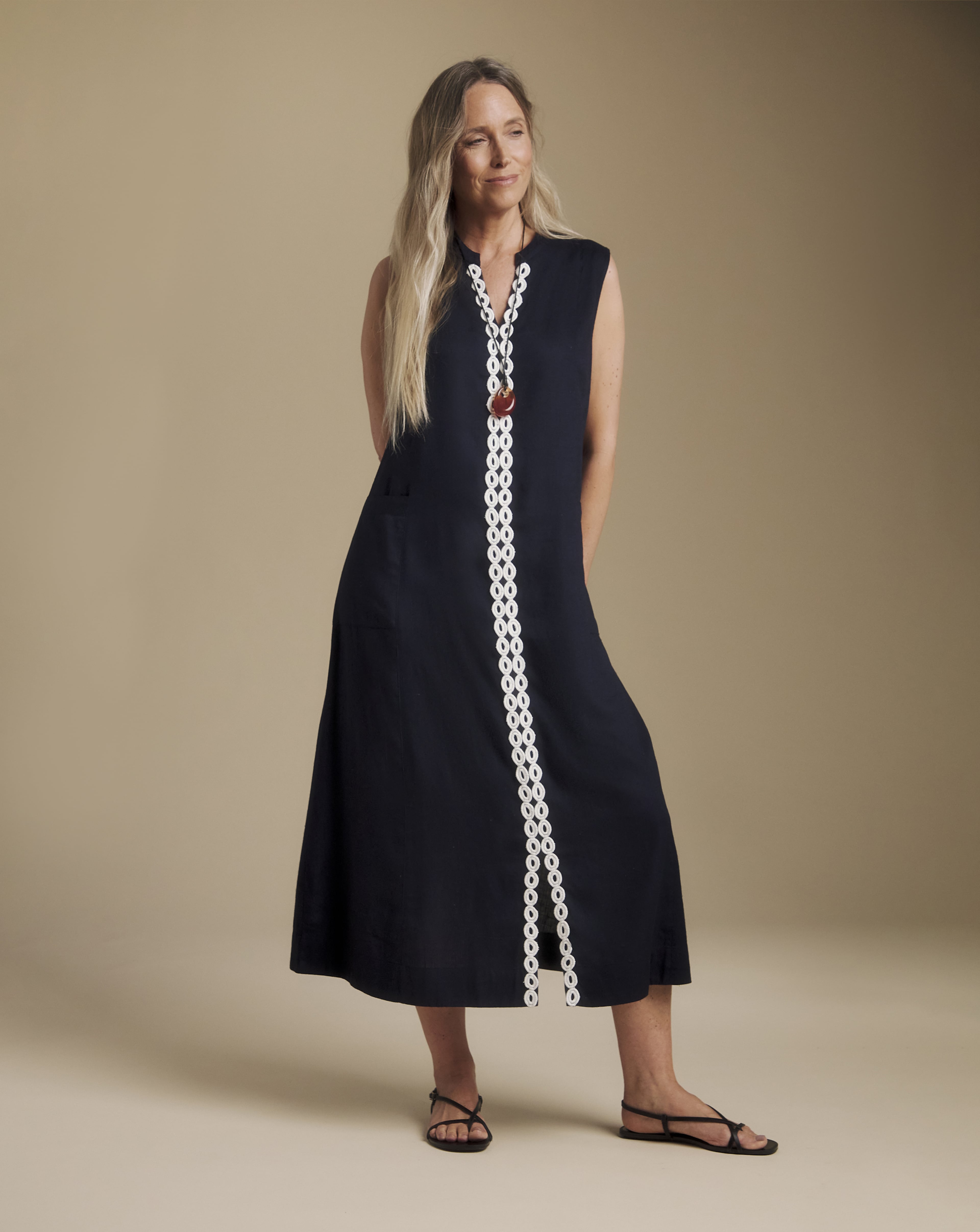 Woman wearing navy blue Julipa Dress