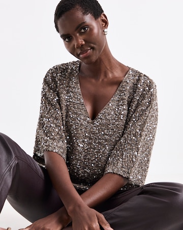 Mocha Sequin V-Neck Angel Sleeve Top