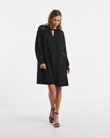 Black Sequin Lace Sleeve Shift Dress