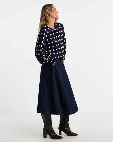 Navy Spot Long Sleeve Shirred Cuff Top