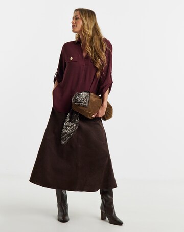 Burgundy Utility Button Detail Collar Popover Top