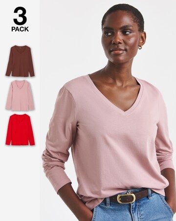 Chocolate, Blush and Red 3 Pack V-Neck Long Sleeve T-Shirts