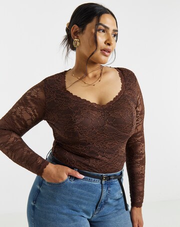 Chocolate Lace Sweetheart Neckline Long Sleeve Top