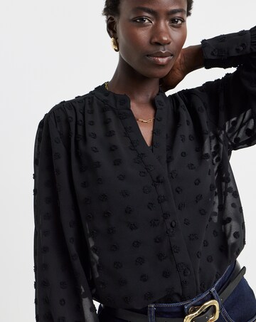 Black Dobby Collarless Blouse