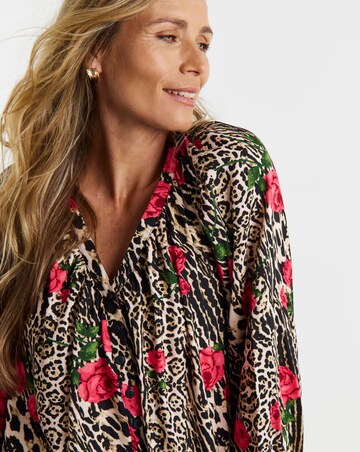 Animal Print Collarless Button Through Blouse