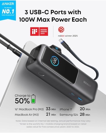 Anker 165W 25,000mAH Power Bank with Built-In USB-C and Retractable Cable