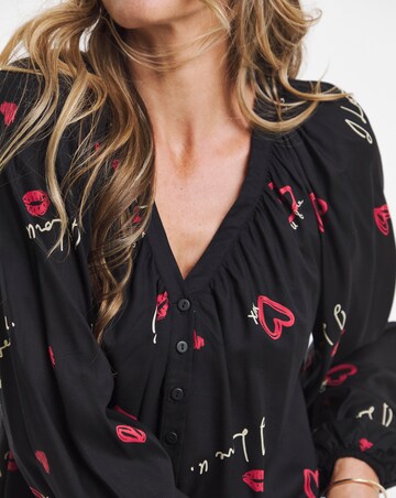 Multi Print Collarless Button Through Blouse