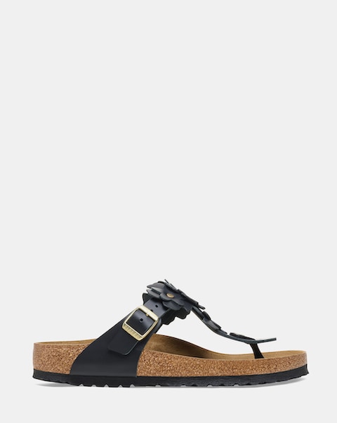 Birkenstock Gizeh Black Smooth Leather Flower Sandals - Standard Fit (D)