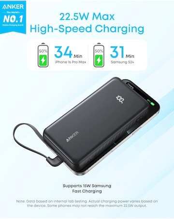Anker Zolo 22.5W 20,000mAh Power Bank with Built-In USB-C Cable - Black